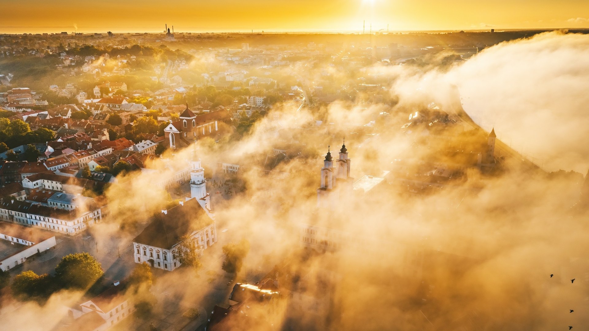 Download Horizon Sunset Fog Lithuania Man Made Kaunas 4k Ultra HD Wallpaper