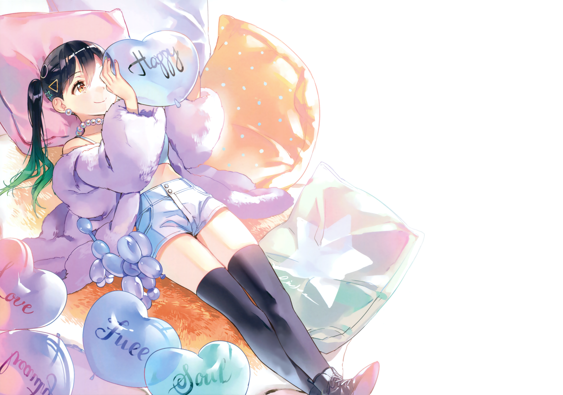 Anime girl with long hair and thigh-high boots surrounded by heart-shaped balloons in a vibrant 4K Ultra HD PC desktop wallpaper background.