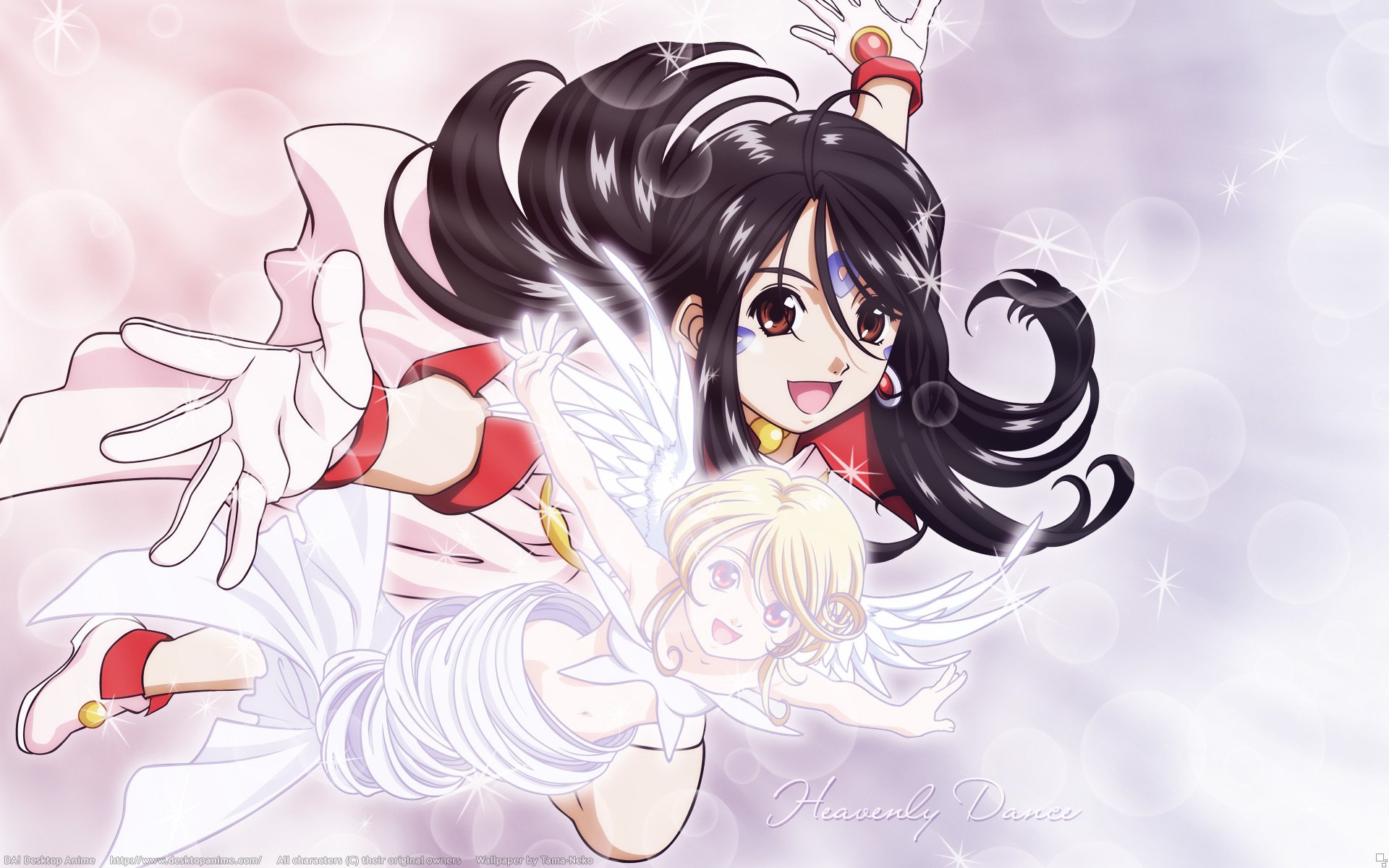HD anime desktop wallpaper featuring the goddess and angel characters Belldandy and Skuld from Ah! My Goddess, depicted with flowing dark hair and ethereal wings.