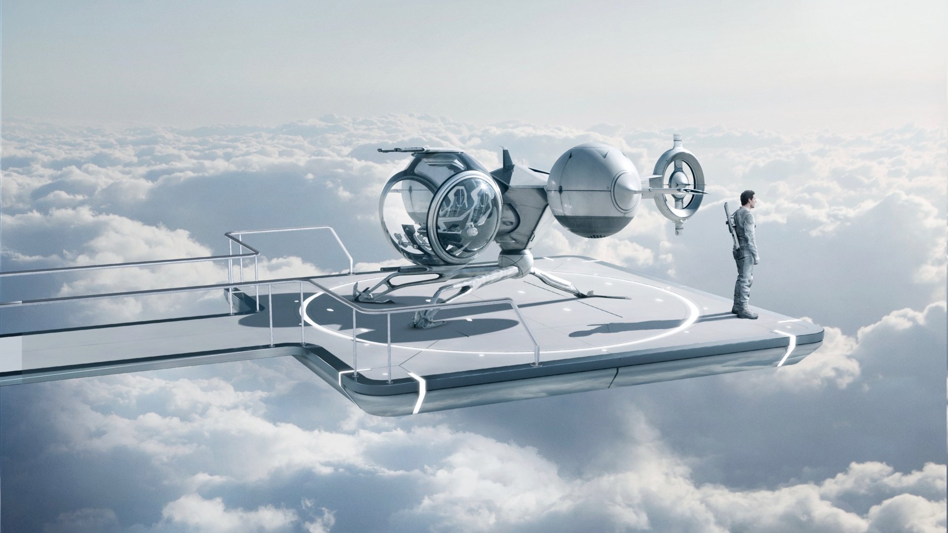 Tom Cruise stands on a futuristic floating platform beside a sleek aircraft above clouds, from Oblivion (2013), shown in 4K Ultra HD PC desktop wallpaper.