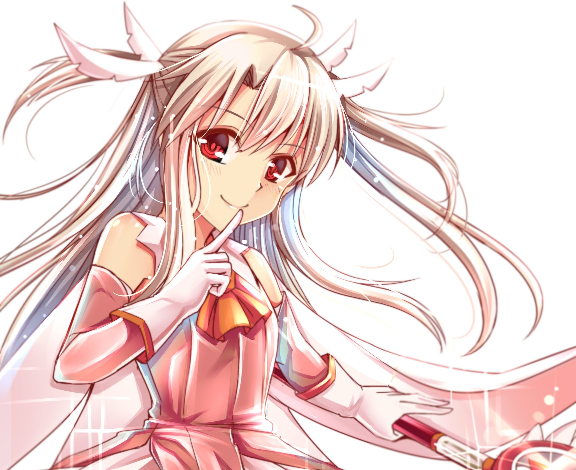 HD anime desktop wallpaper featuring Illyasviel Von Einzbern from Fate/Grand Order with flowing white hair and red eyes, set against a soft pink background.