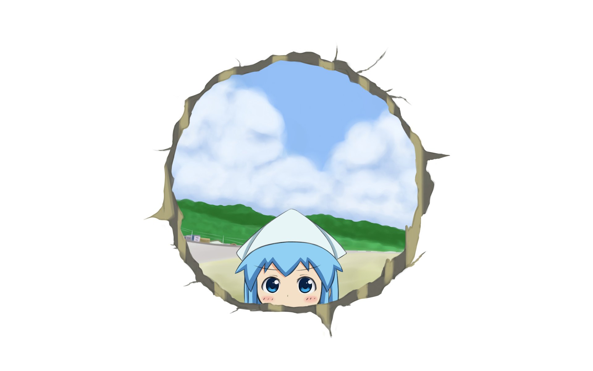 HD PC desktop wallpaper featuring Ika Musume (Squid Girl) peeking through a round hole with a bright sky and green landscape in the background.