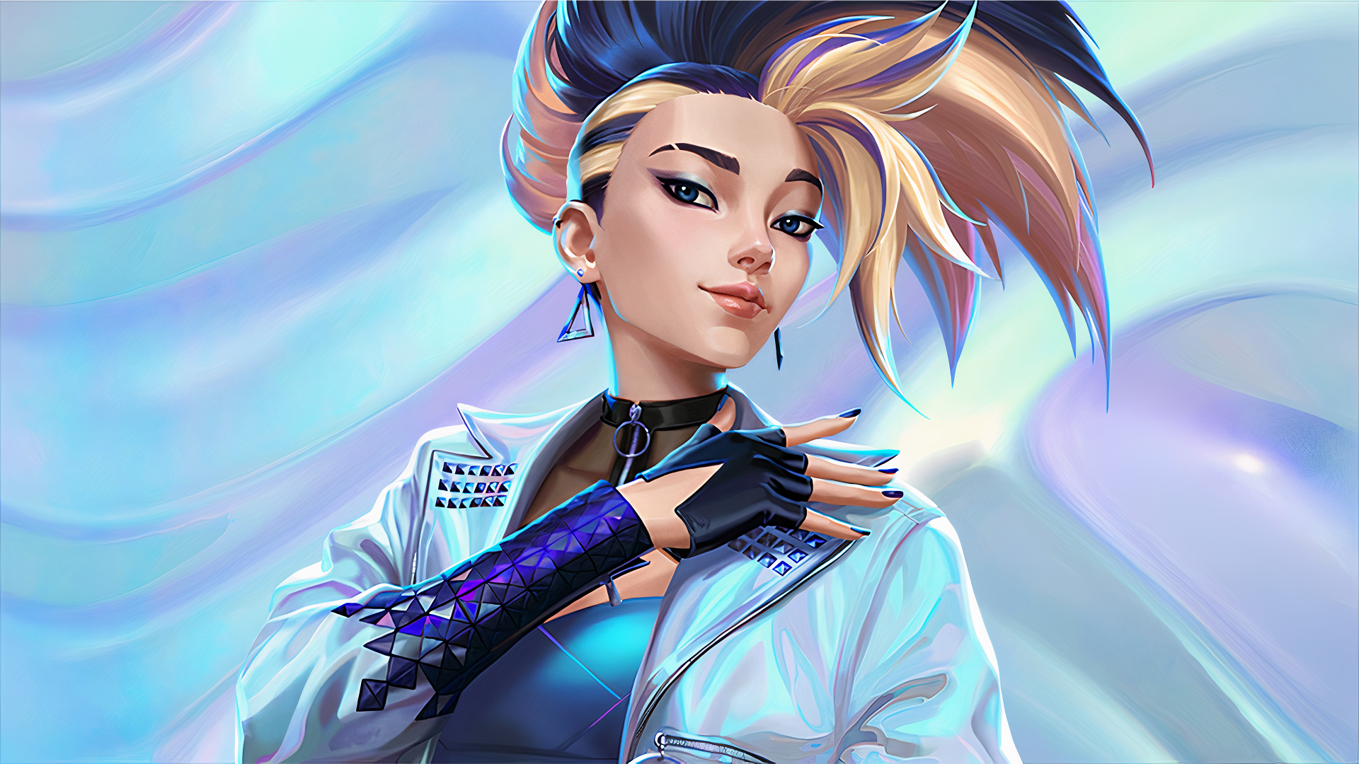 4K Ultra HD wallpaper featuring Akali from League of Legends’ K/DA, with striking blue eyes and short hair in a dynamic, futuristic K-pop style.
