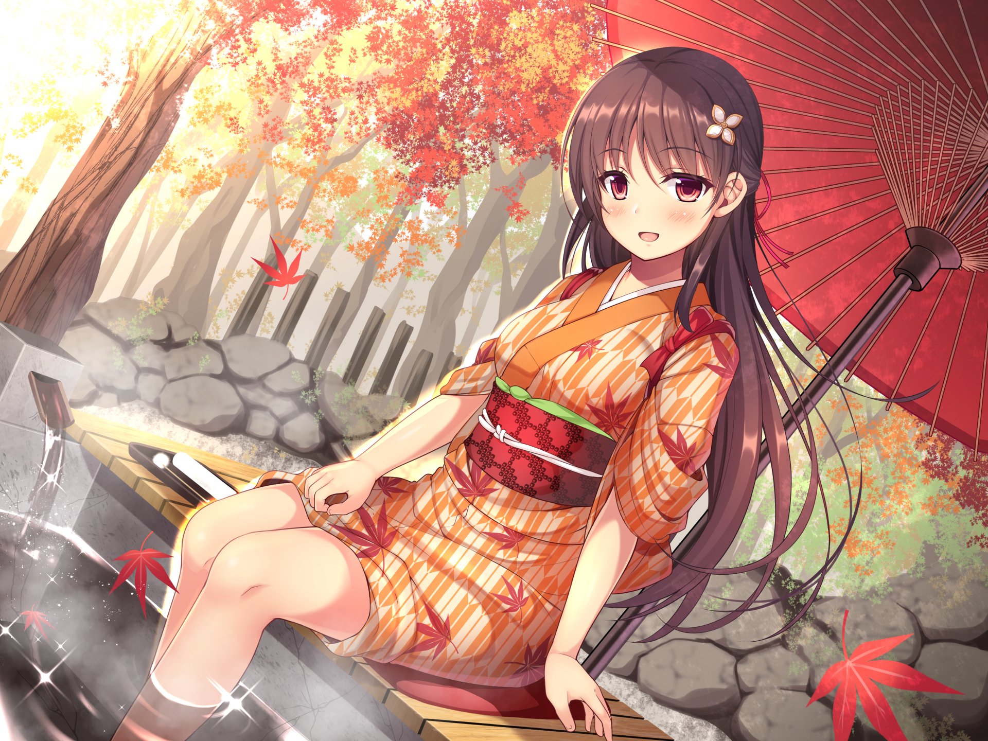 Anime girl with long brown hair wearing a kimono sits under autumn trees holding a red umbrella in this vibrant 4K Ultra HD fall PC desktop wallpaper.