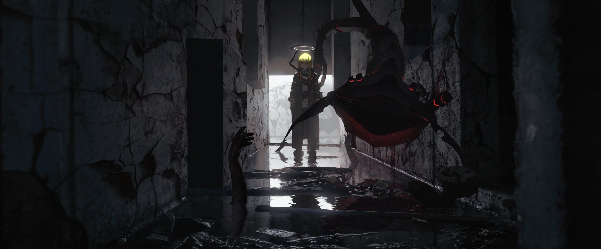 A post-apocalyptic anime scene featuring a girl in a derelict building, facing a mysterious creature. The HD wallpaper depicts a dark, eerie hallway, lit dimly, with cracked walls and water on the floor.