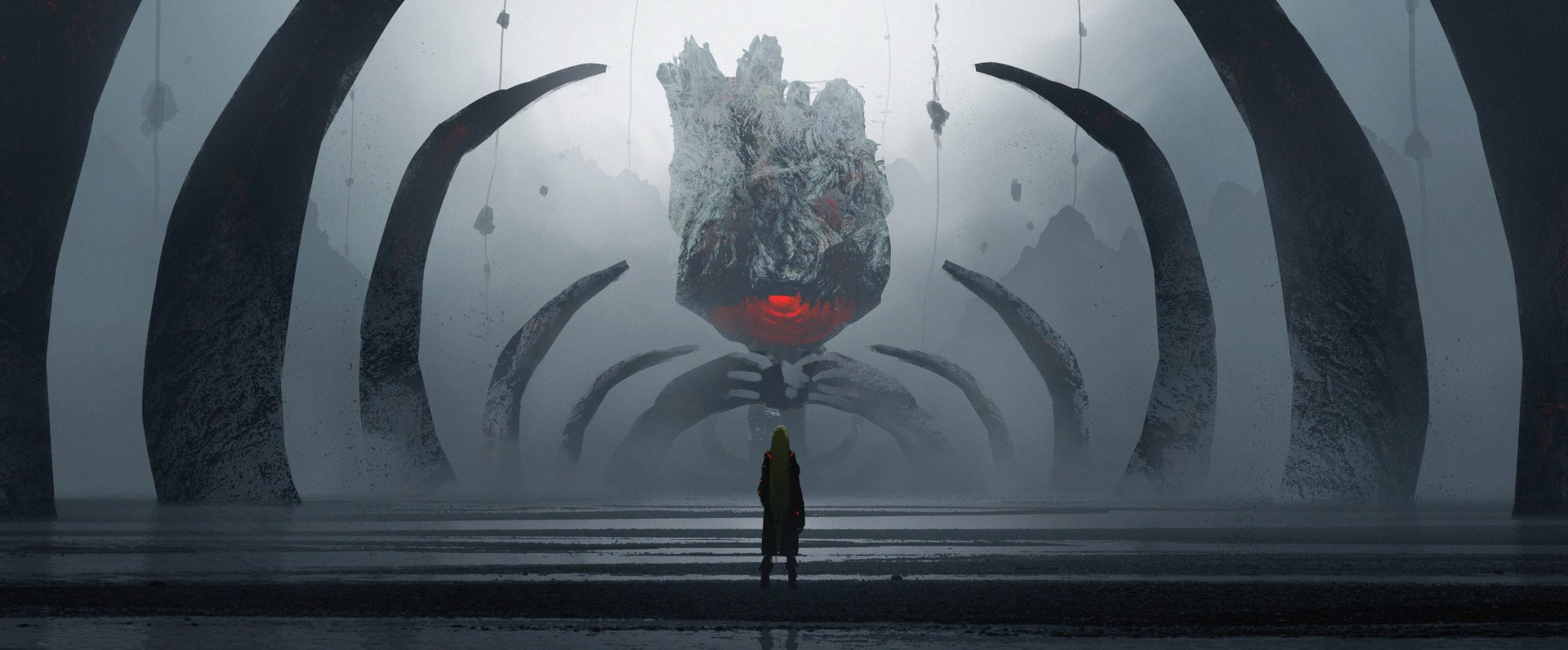 A 4K Ultra HD anime-style wallpaper depicting a girl standing before a colossal, ominous floating creature with glowing red eyes in a dark, cavernous setting.