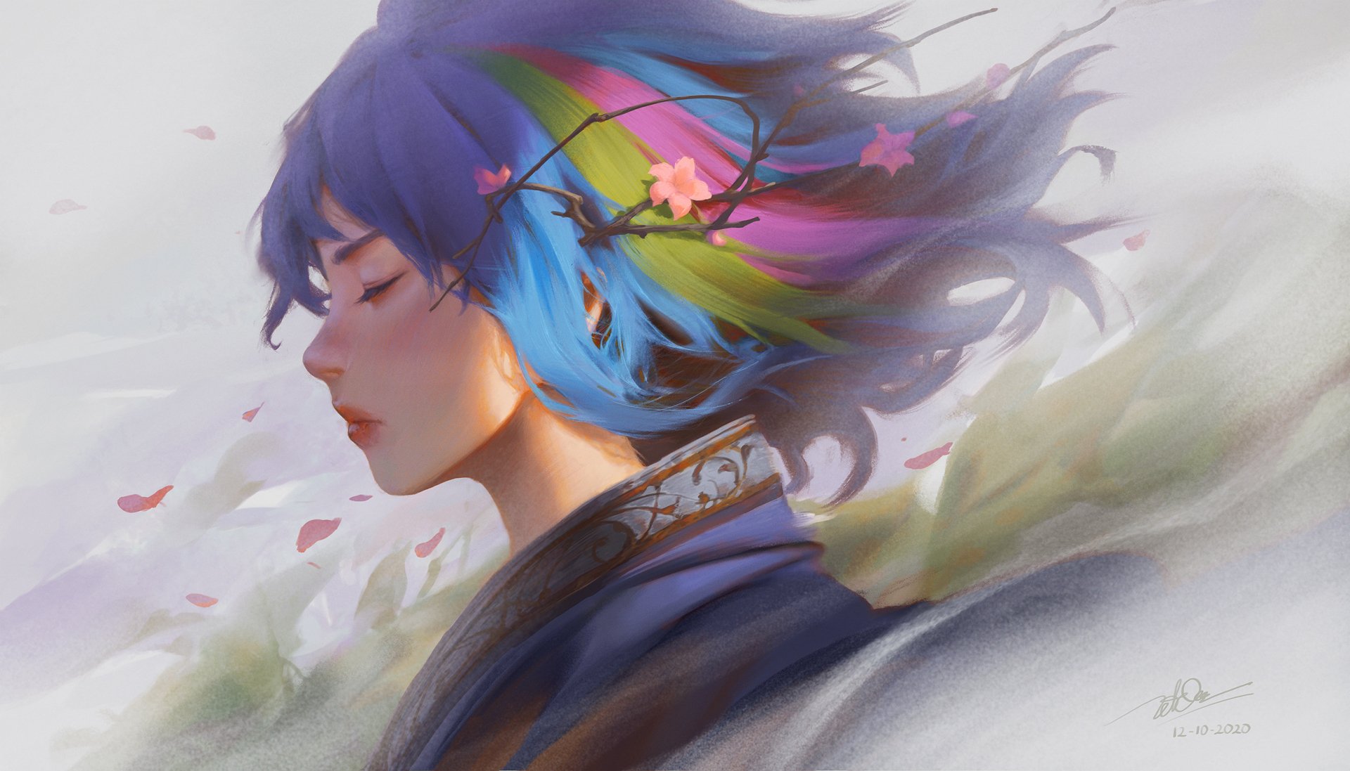 HD fantasy wallpaper showing a serene woman with flowing blue and purple hair adorned with colorful feathers and cherry blossoms in a soft, ethereal background.