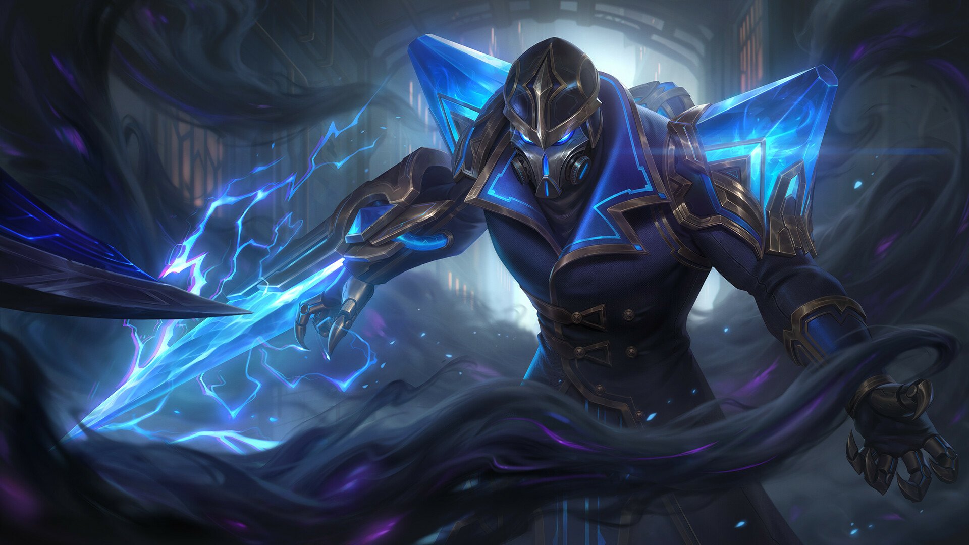 HD PC desktop wallpaper featuring Kassadin from League of Legends, showcasing the character in striking blue armor with electric energy effects.