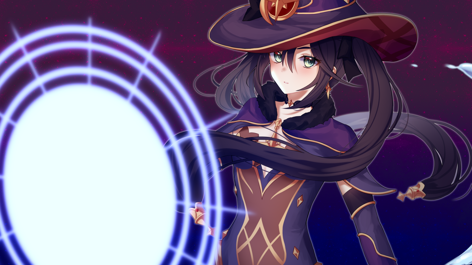 HD PC desktop wallpaper featuring Mona from the video game Genshin Impact, showcasing her magical powers with glowing arcane circles.