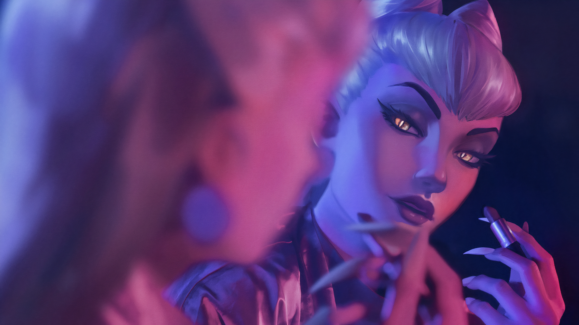Close-up 4K PC desktop wallpaper of K/DA's Evelynn (League of Legends) in K-pop style: purple neon lighting, sultry expression, long nails and glossy makeup, cinematic video game portrait.