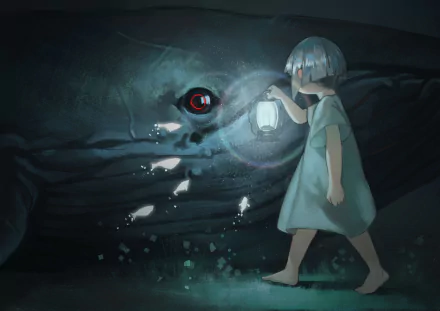 Anime original 2K Quad HD PC desktop wallpaper and background: barefoot child in a nightgown holds a lantern toward a colossal dark whale with a single glowing red eye in foggy darkness.