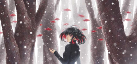Anime, Original — HD PC desktop wallpaper: a black-coated girl with red-streaked hair stands in a snowy, towering forest as red koi fish drift through soft, glowing light.