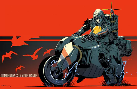 A dynamic HD wallpaper featuring a character from the video game Death Stranding, riding a motorcycle against a striking red background, with the text Tomorrow is in your hands.