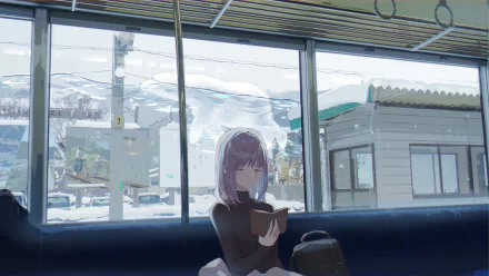Anime original HD PC desktop wallpaper: a lone girl with pale hair reads a book on a bench inside a snowy station, soft blue tones and a quiet winter landscape outside.