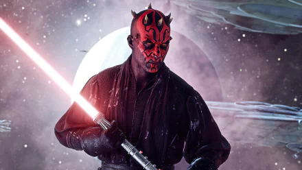 Darth Maul from Star Wars Battlefront II (2017) wields a red lightsaber against a cosmic backdrop in this 4K Ultra HD PC desktop wallpaper featuring the Sith warrior.