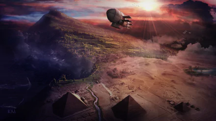 A sci-fi landscape HD PC desktop wallpaper featuring pyramids beneath a dramatic sky with a futuristic spacecraft flying over rugged terrain at sunset.