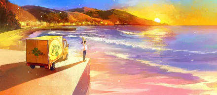Anime-style HD PC desktop wallpaper depicting a person stretching beside a van on a vibrant beach during a colorful sunset in an original digital artwork.