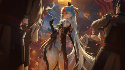 HD desktop wallpaper featuring Ningguang from Genshin Impact, elegantly poised in an illuminated setting with detailed artwork, enhancing the immersive experience of the video game.