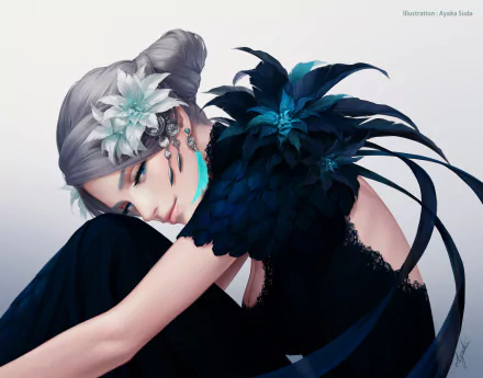 HD desktop wallpaper featuring an original anime character with white hair, blue eyes, adorned with flowers and dark feathers, resting against a light background.