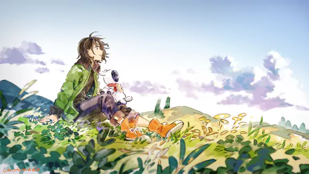 Anime-style original HD desktop wallpaper featuring a girl in a green jacket sitting on a grassy hill with a small robot, under a bright blue sky with scattered clouds.