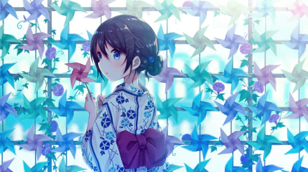 Anime girl in a kimono stands in front of a background filled with colorful pinwheels. This HD desktop wallpaper showcases the girl with purple eyes and dark hair styled in a bun, creating an enchanting scene.