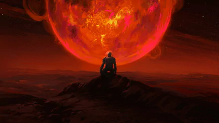 HD sci-fi desktop wallpaper showing an astronaut gazing at a massive, glowing red planet in a dark, otherworldly landscape.