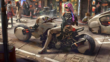 A cyberpunk cyborg with colorful hair sits on a futuristic motorcycle on a neon-lit street, creating a captivating Sci-Fi scene. This HD desktop wallpaper perfectly captures a dystopian urban atmosphere.
