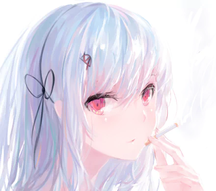 HD anime desktop wallpaper featuring a close-up of a girl with long white hair, pink eyes, and a delicate hairpin, softly holding a cigarette.
