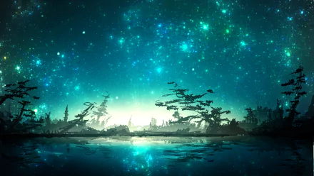 Anime-inspired night scene with a glowing starry sky reflected over a tranquil lake, framed by silhouetted trees, designed as an HD PC desktop wallpaper.