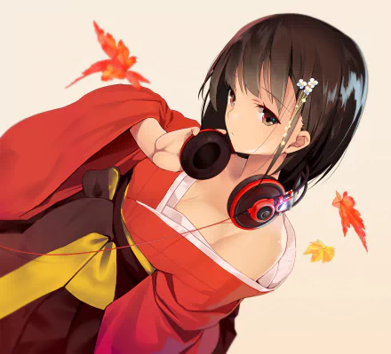 HD anime desktop wallpaper featuring a girl with dark hair wearing red headphones and a traditional outfit, surrounded by autumn leaves.