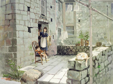 HD anime desktop wallpaper featuring an anime girl in a maid outfit standing on a stone patio with two dogs, set against a rustic stone building background.