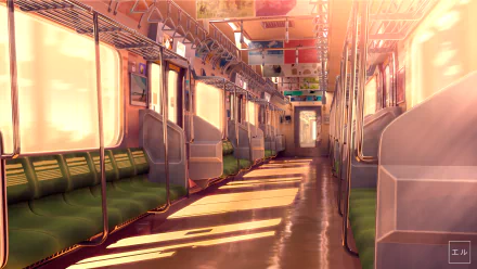 HD anime-style train interior with warm sunlight streaming through windows, creating a serene and detailed desktop wallpaper background.