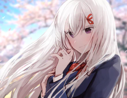 Echidna from Re:Zero with long white hair and purple eyes, set against a soft pink blossom background in a 4K Ultra HD anime desktop wallpaper.