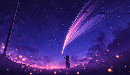 Anime-style HD wallpaper featuring a starry night sky. A silhouette of a person is pointing towards a bright shooting star, with ethereal lights and clouds creating a serene, magical atmosphere.