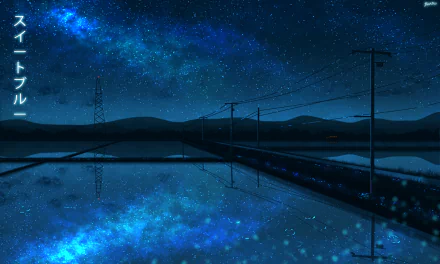 Anime-style night landscape featuring power lines over reflective water beneath a starry sky, rendered in HD as a serene desktop wallpaper.