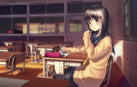 Anime girl with black hair, a hairpin, and brown eyes wearing a school uniform and blushes while writing with a pen in a classroom at sunset. She is seated at a desk with a skirt and sweater.