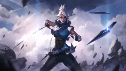 HD desktop wallpaper of Jett from the video game Valorant, poised for action amid a dynamic, shattered background.