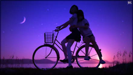 Silhouetted couple on a bike by a lake under a crescent moon at sunset, bathed in artistic purple and blue hues, captured in 8K Ultra HD for a stunning desktop wallpaper.
