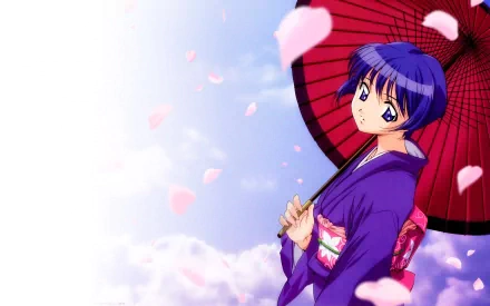 Aoi Sakuraba from Ai Yori Aoshi in traditional attire holding a red umbrella, set against a blue sky with falling cherry blossoms, featured in an HD anime desktop wallpaper.