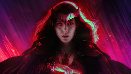 4K Ultra HD wallpaper of Elizabeth Olsen as Wanda Maximoff, the Scarlet Witch, from the TV show WandaVision, featuring intense red and purple highlights.