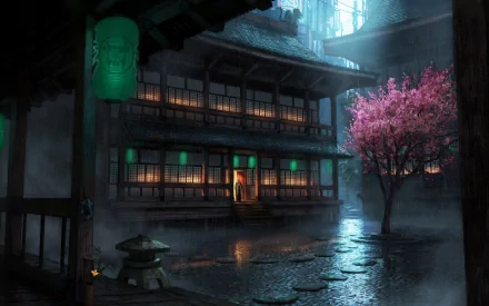 A serene Japanese scene featuring a traditional wooden building illuminated by soft lights, surrounded by mist and a blossoming pink cherry tree, serves as an artistic HD desktop wallpaper.