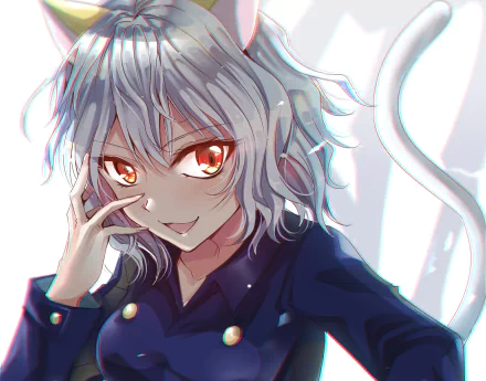 HD anime desktop wallpaper featuring Neferpitou from Hunter × Hunter with silver hair, red eyes, and a confident expression.