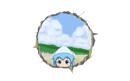 HD PC desktop wallpaper featuring Ika Musume (Squid Girl) peeking through a round hole with a bright sky and green landscape in the background.