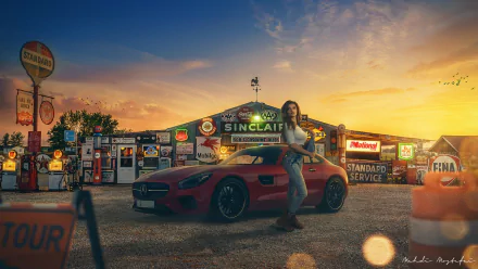 sunset Mercedes woman Girls & Cars HD Desktop Wallpaper | Background Image