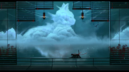HD fantasy desktop wallpaper depicting a serene cat walking by water with a large cloud shaped like a cat in the background, blending clouds, water, and surreal elements.