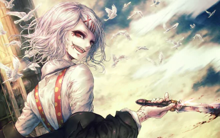 HD anime desktop wallpaper featuring Juuzou Suzuya from Tokyo Ghoul, showcasing his signature white hair, stitched smile, and dynamic pose against a cloudy sky with flying birds.