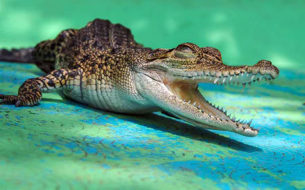 HD desktop wallpaper of a crocodile with its mouth open, showcasing sharp teeth against a vibrant turquoise background.