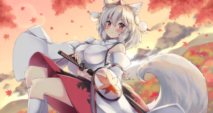 4K Ultra HD anime wallpaper featuring Momiji Inubashiri from Touhou, depicted with white hair, wolf ears, and a sword amid autumn leaves and a soft evening sky.