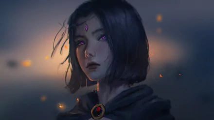 HD desktop wallpaper of Raven from DC Comics' Teen Titans, showcasing her enigmatic expression and mystical aura in a comic-style illustration.