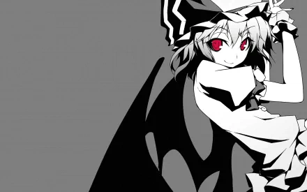 HD anime desktop wallpaper featuring Remilia Scarlet from Touhou, depicted in grayscale with striking red eyes and bat-like wings against a dark background.